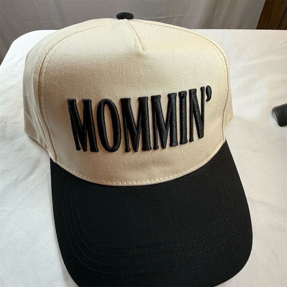 Unbranded MOMMIN' Two-Tone Trucker Hat Womens Ivory/Black Embroidered Snapback